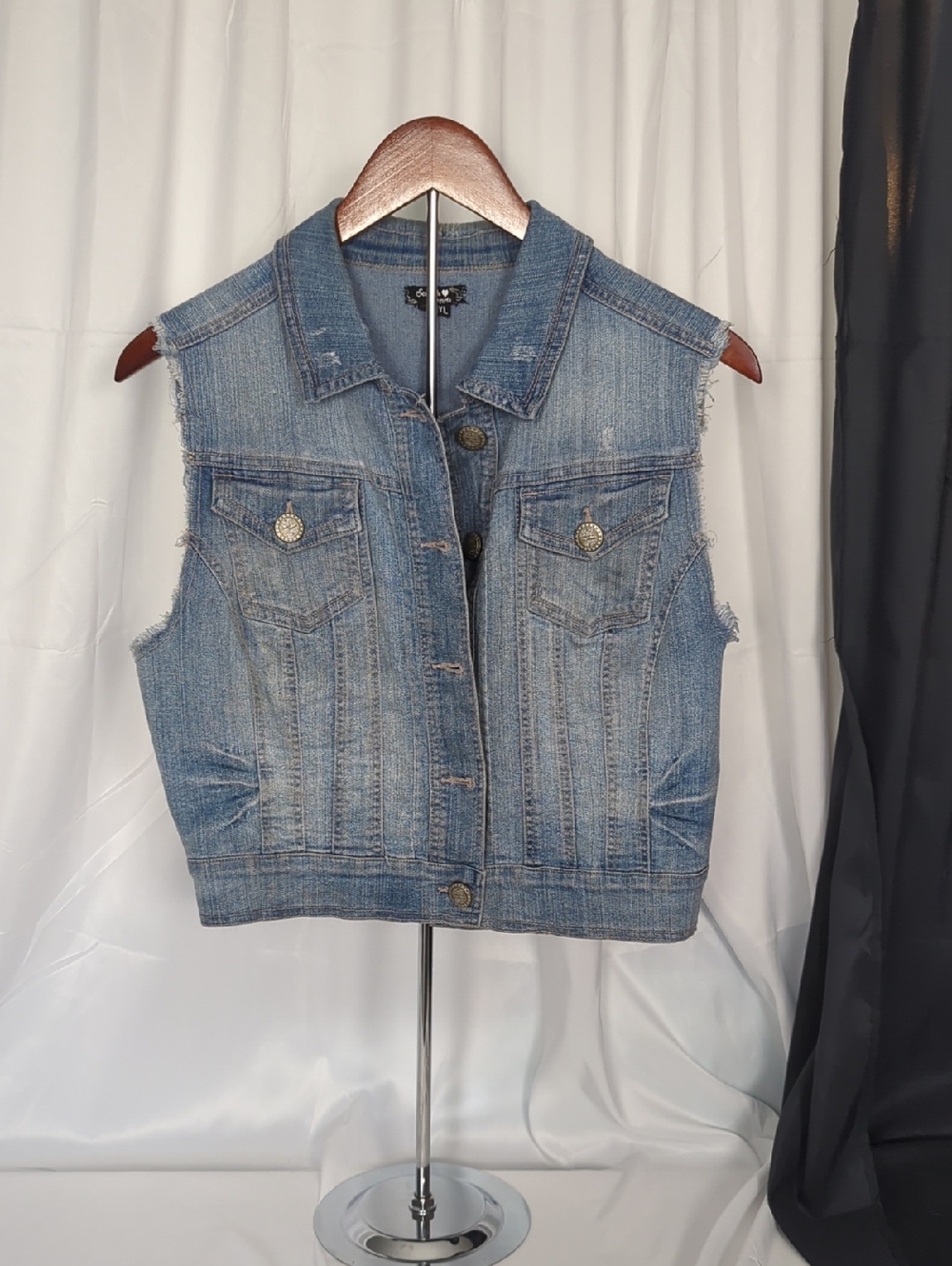 Sequin Hearts Light Blue Denim Vest with Embroidered Label